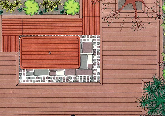 Garden design plan illustration: aerial view with decking layout