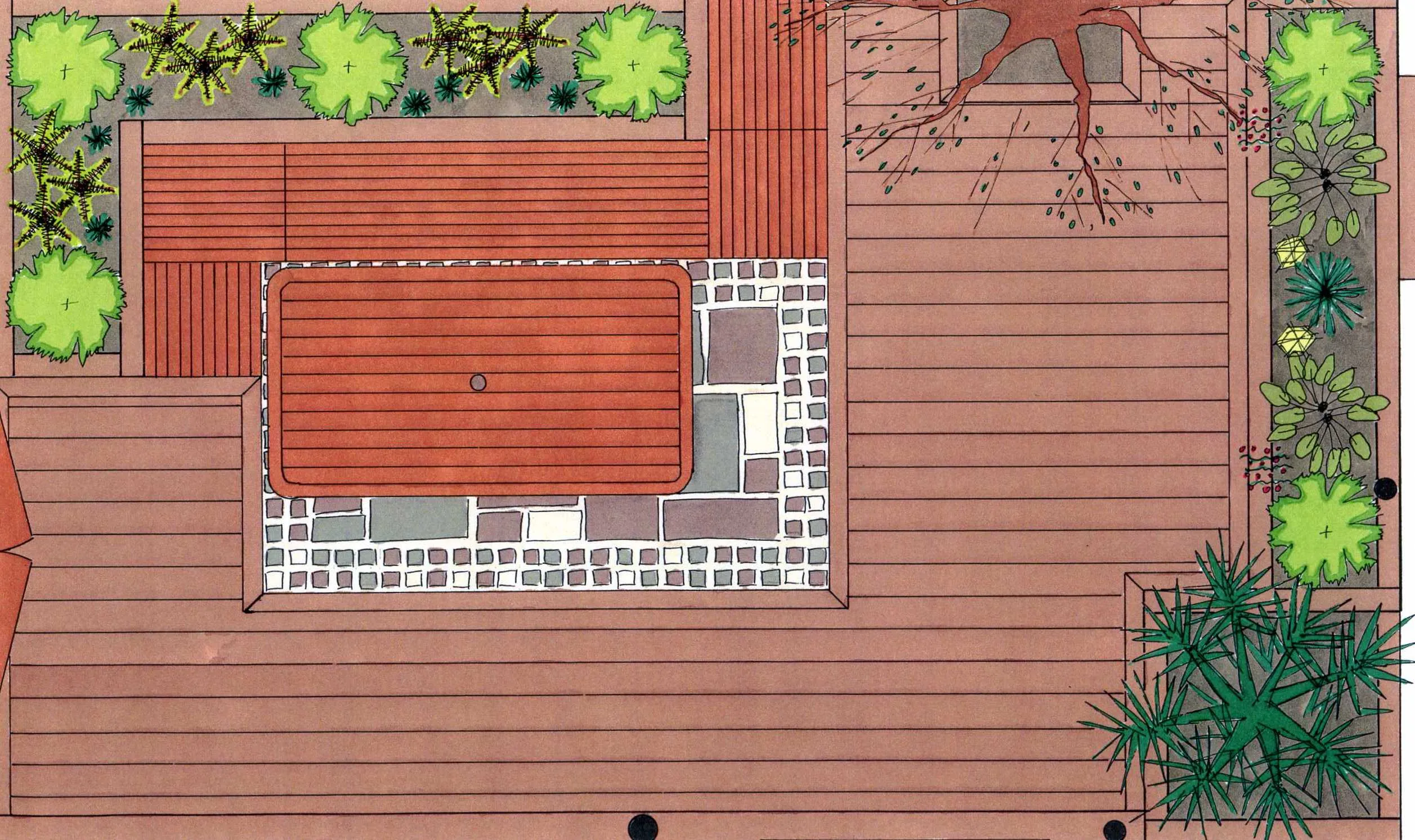 A garden design plan showing layout, decking and planting areas
